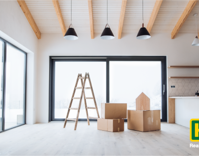 am empty house with boxes and a ladder